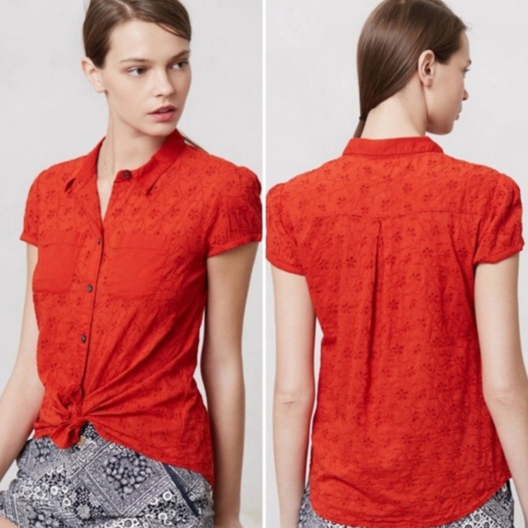 Edme & Esyllte Orange Eyelet Button Down Blouse Sz 2